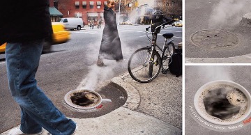 Реклама кофе Folgers — постер на  люке трассы горячей воды в New York City. Из этого люка всегда идет горячий пар. Надпись вокруг чашки: «Город, Который Никогда Не Спит, проснись!». 